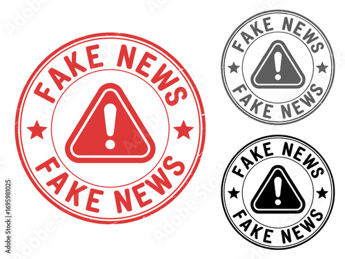Fake News Alert Warning Sign with Exclamation Point and Circular Frame in Multiple Colors and Styles on White Background