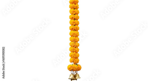 Marigold Garland: A vibrant and colorful marigold garland hangs, showcasing its golden hue and intricate floral arrangement with bells. capturing the aesthetic of traditional decorations.