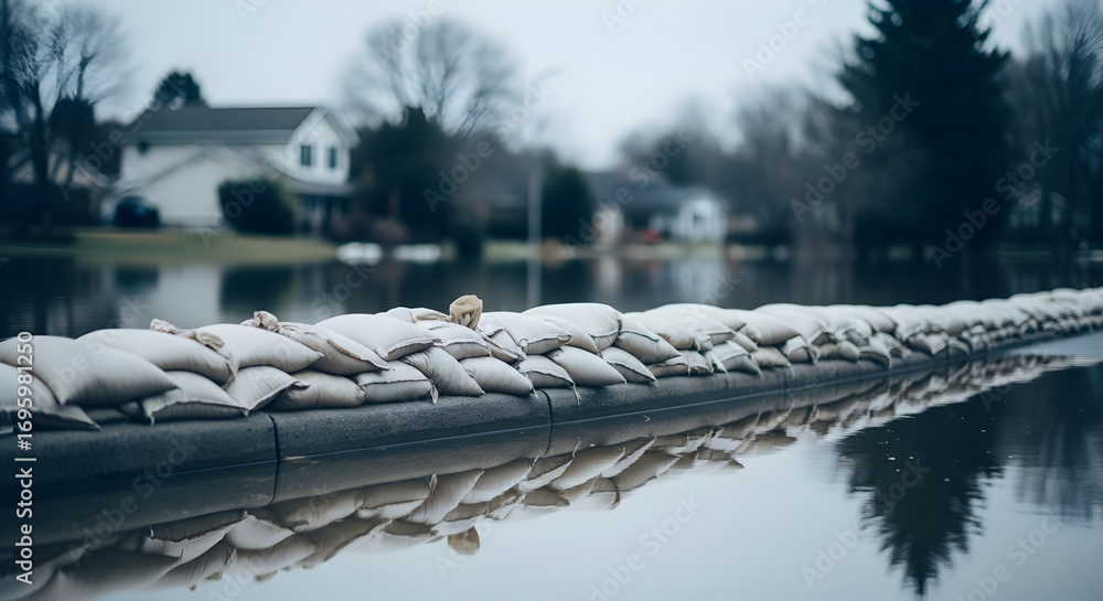 Naklejka premium Flood protection barrier sandbags suburban homes water disaster prevention emergency response safety security risk management natural disaster mitigation climate change environmental protection