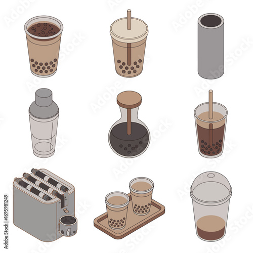 Isometric Illustration of Boba Tea Drinks and Kitchen Objects for Culinary Designs and Sweet Beverage Concepts with a Clean Aesthetic
