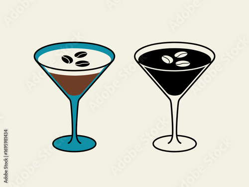 Two Espresso Martini Cocktails Graphic Illustration with Coffee Beans and Stylized Design on Neutral Background for Modern Bar Art