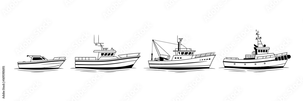 Naklejka premium Monochrome Outlines of Diverse Fishing Boats on a White Background Displaying Nautical Vessels