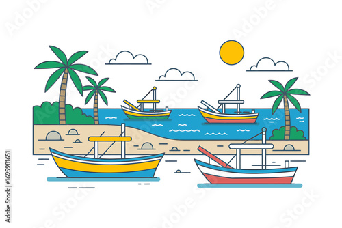 Coastal fishing village illustration with colorful boats palm trees and serene ocean featuring a bright sun and playful clouds perfect for travel and tourism