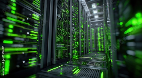 Futuristic Data Center with Server Racks and Green Cyber Grid