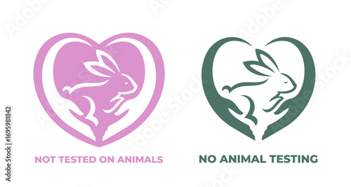 Not tested on animals icons of bunny rabbit in heart for cruelty free badges. Vector bunny rabbit in heart for not tested on animals or veganlabels