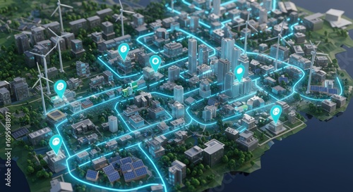 City map with highlighted routes and locations