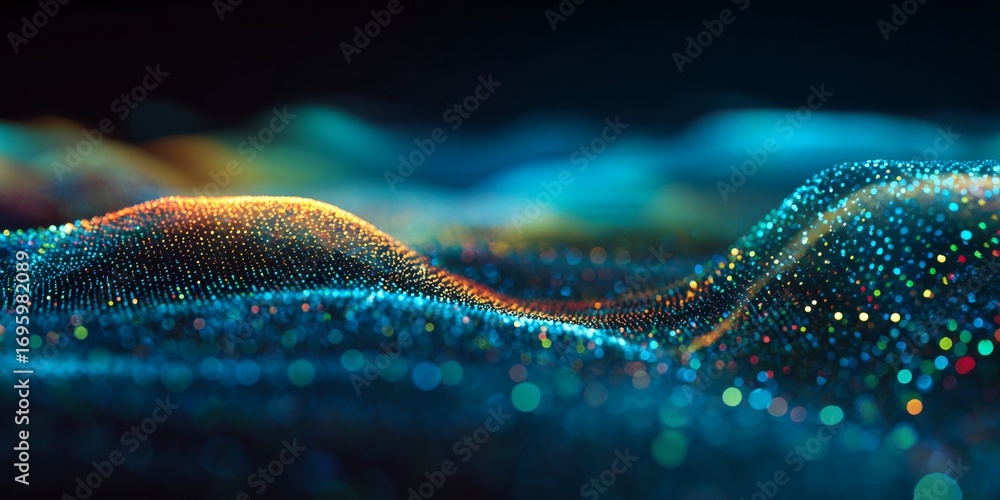 Fototapeta premium Abstract digital waves with vibrant colors and illuminated dots creating a futuristic landscape for technology concepts