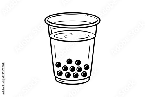 Black and White Boba Tea Illustration in a Plastic Cup Ideal for Food and Beverage Designs