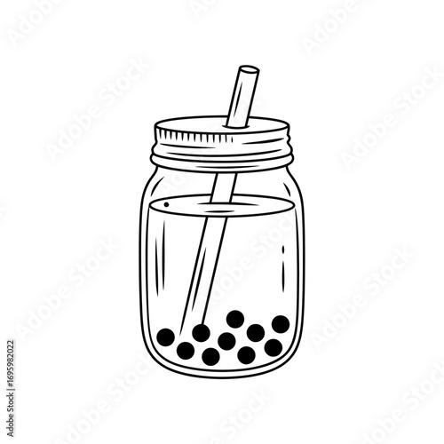 Black and White Boba Tea Illustration in Mason Jar with Straw for Graphic Design and Digital Art Projects