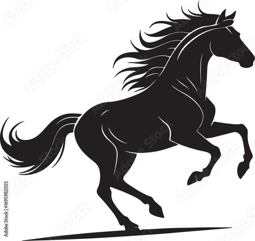 Black silhouette of a horse with flowing mane and tail rearing up on a white background vector