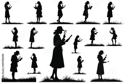 Woman detective silhouette examining document with magnifying glass