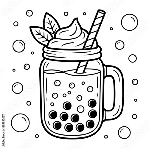 Bubble tea in a glass jar with cream topping and mint leaves illustration black and white line art