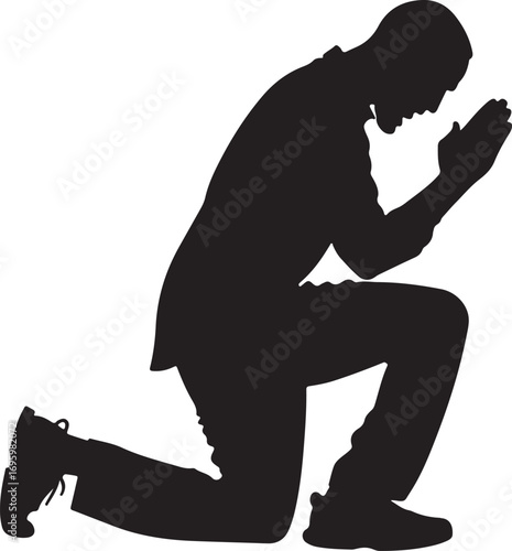 Black silhouette of a man kneeling with hands clasped in prayer praying