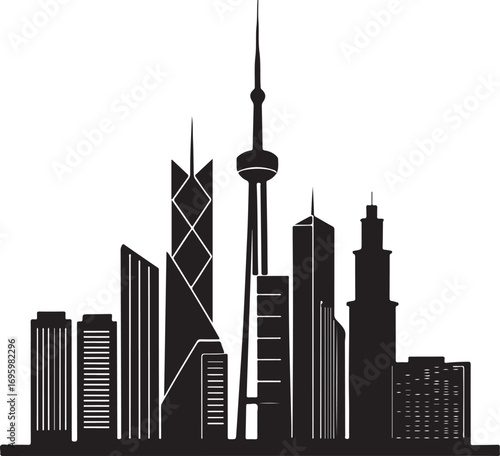 Black silhouette of a modern city skyline with diverse skyscrapers and a central tower black and white
