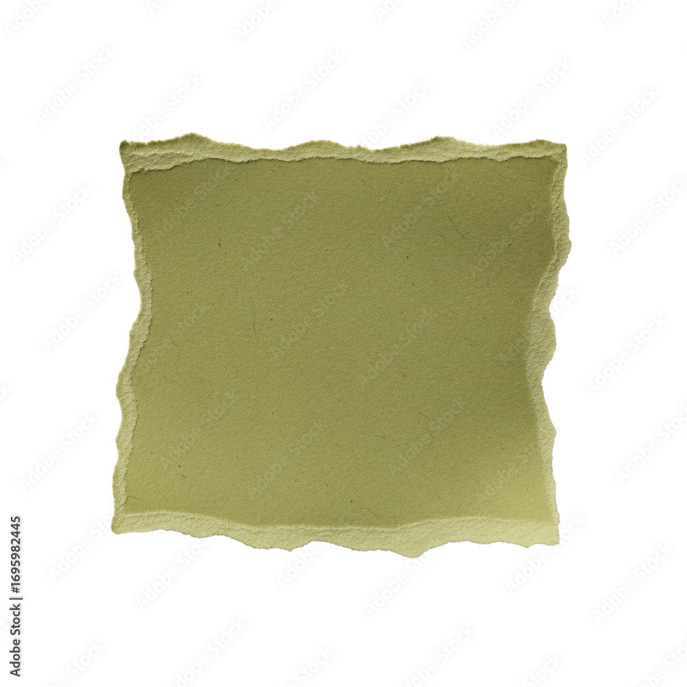 Obraz premium Photorealistic macro shot of a muted olive green, hand-torn paper swatch with fibrous texture and feathered edges on a transparent background, concept of natural simplicity