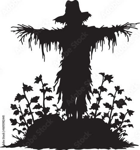 Black silhouette of a scarecrow with outstretched arms standing in a field of plants and pumpkins white