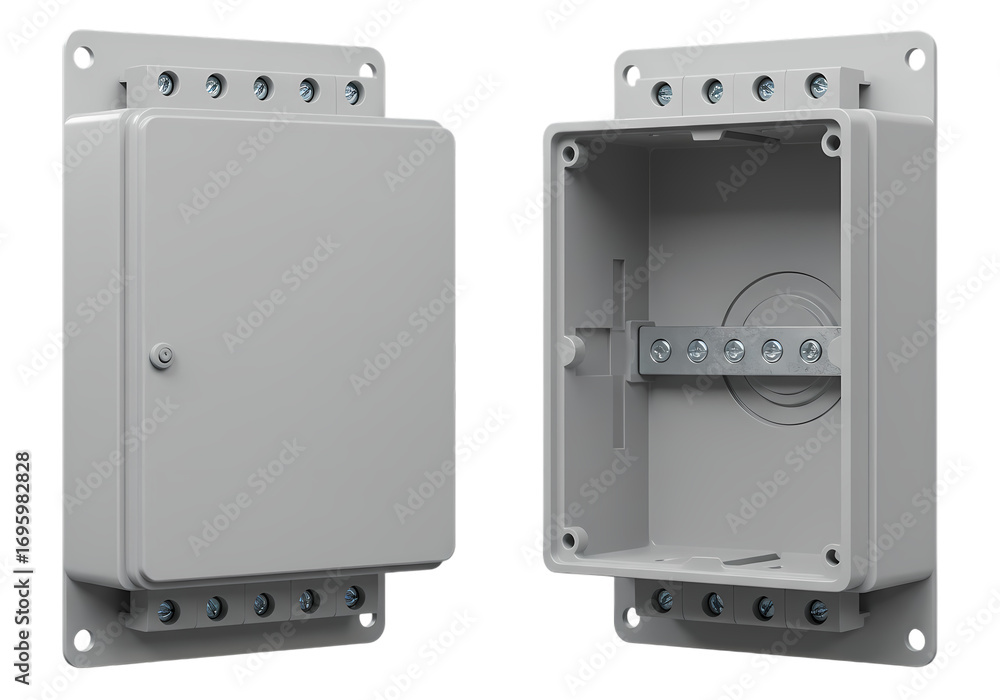 Obraz premium Versatile Gray Plastic Enclosures Two Views of an Electronic Component Housing Perfect for Industrial Electrical or Technical Projects isolated on transparent background