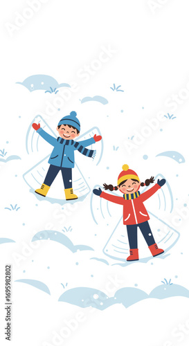 Children Making Snow Angels in Winter Wearing Colorful Winter Clothes.