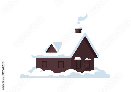 Cozy Winter House Covered in Snow with Chimney Smoke.