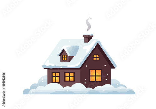 Cozy Winter House with SnowCovered Roof and Glowing Windows.