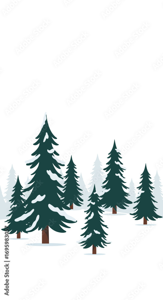Obraz premium Snowy Evergreen Trees in a Winter Landscape Illustration.
