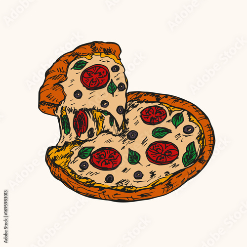 Slice of pizza with melting cheese sketch illustration. Pizza colorful outline drawing in engraving style, fast food hand-drawn vector clipart, isolated