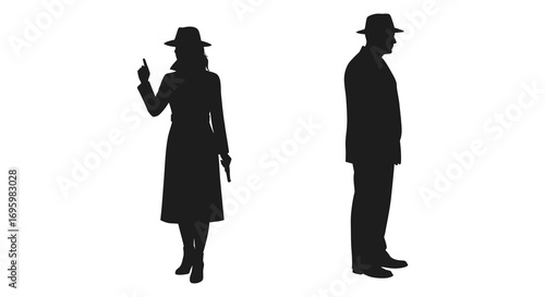 a silhouette of two figures dressed in vintage clothing