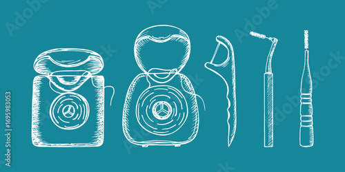 Dental floss, interdental brush - sketch vector line drawing set. Personal oral care, dentistry, and hygiene practices at home. Minimalist doodle outline isolated