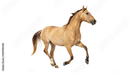 Brown horse galloping across a clear backdrop during daylight in an open field on a transparent background