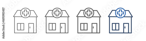 
outline icon set clinic with practice house design and plus sign