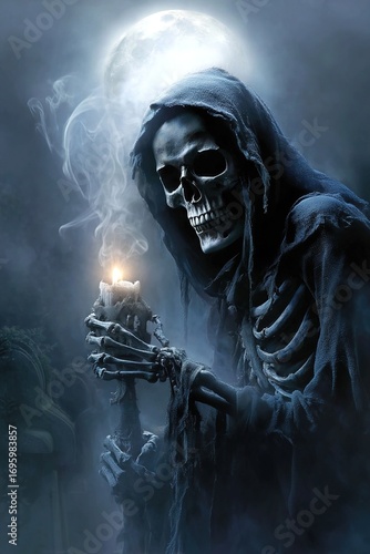 Grim reaper over dark misty background with full moon. Happy Halloween poster. Generative Ai