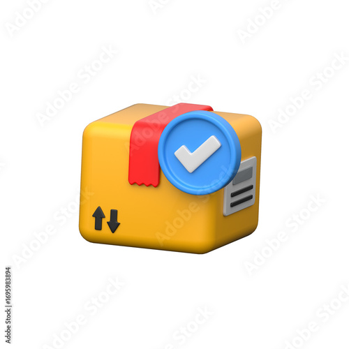 3D package with checkmark representing secure, verified delivery service.