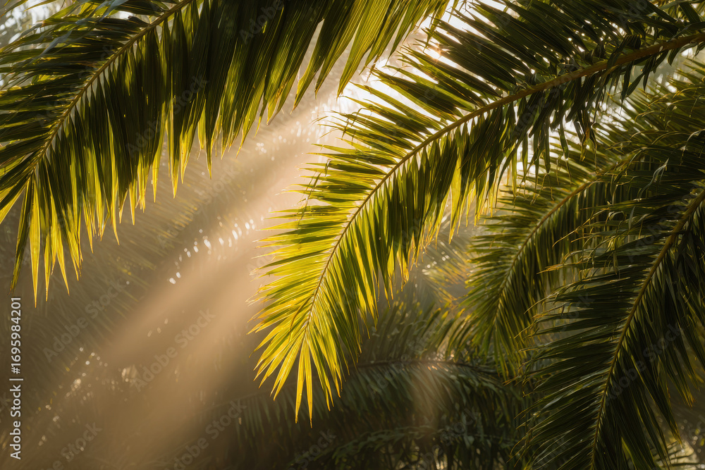 Fototapeta premium basking in warm hawaiian sun lush palm leaves sway gently in tropical breeze creating tranquil atmosphere