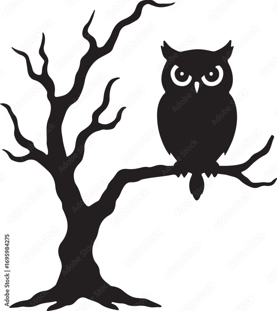 Fototapeta premium Black silhouette of an owl perched on a bare tree branch vector