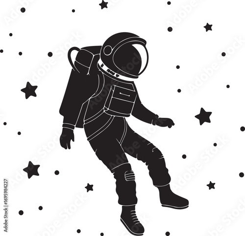 Black silhouette of an astronaut floating in space surrounded by stars and dots vector