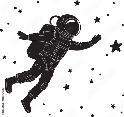Black silhouette of an astronaut floating in space surrounded by stars and dots vector 1