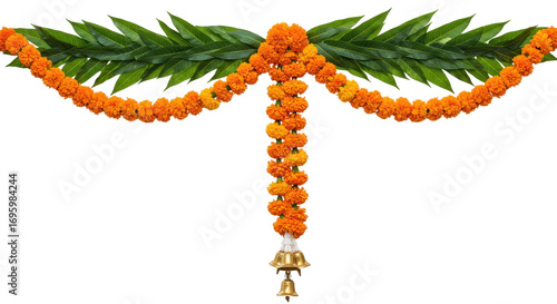 Marigold Garland: A vibrant marigold garland, meticulously arranged with fresh leaves and a traditional bell, celebrates festive seasons, evoking cultural beauty and decoration.