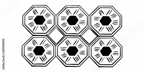 Six octagonal shapes interconnected with black hexagon centers and radiating lines in a pattern design