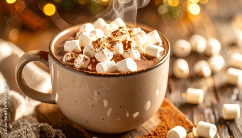 Warm cocoa with marshmallows, a cozy winter beverage on a wooden surface