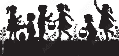 Black silhouette of children with Easter eggs and baskets in a grassy field with flowers black and white