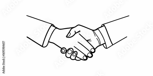 Illustration of a handshake between two individuals dressed in business attire in black and white line art