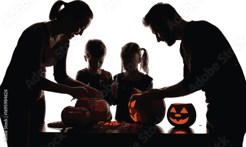 Family carving pumpkins for Halloween on white background jack o lantern