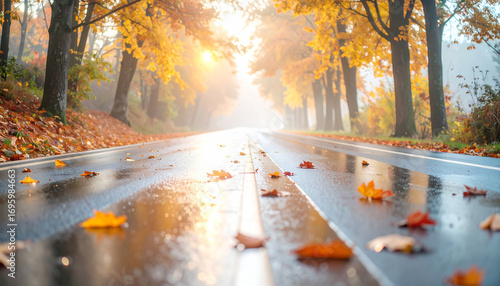 Verregneter Herbstabend, nasse Straße im Gegenlicht von Autoscheinwerfern.