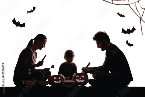 Family carving pumpkins for Halloween with bats and spiderweb silhouette jack o lantern