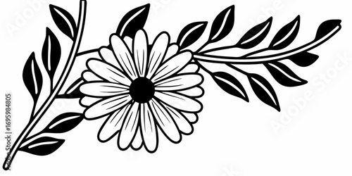Illustration of a daisy flower with leaves and a stem in black and white color scheme artwork design