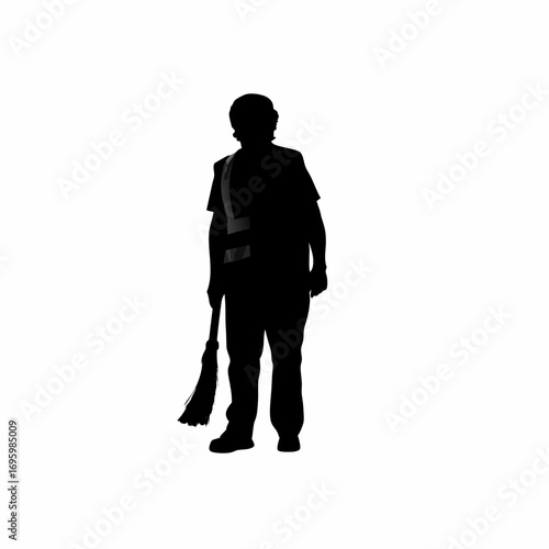 Silhouette of a sanitation worker cleaning a street for cleanliness awareness