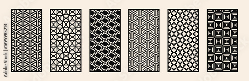 Laser cut pattern set. Template for interior partition in arabesque style. Collection of modern abstract geometric panels with ornamental grid. Decorative stencil for laser cutting of acryl. plastic, 
