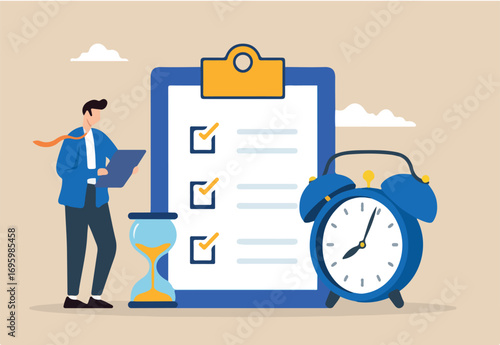 Flat illustration of businessman check deadline checklist with alarm clock and hourglass to do list time management effective business planning