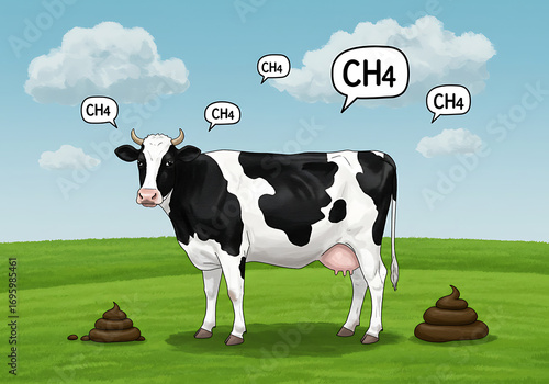 Cartoon cow on a grassy field, emitting methane gas, with dung piles.