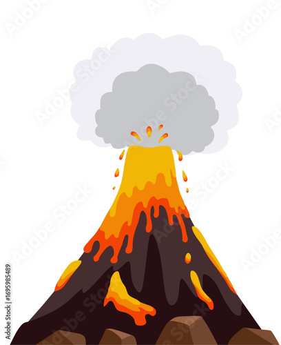 An erupting volcano displays vibrant lava spewing upwards, surrounded by dark rock formations, creating an intense and dramatic atmosphere in this flat design.